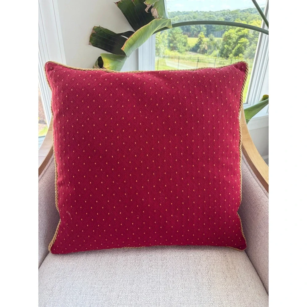 Vintage Needlepoint Floral Throw Pillow Burgundy Red Gold Rope Trim 20x20